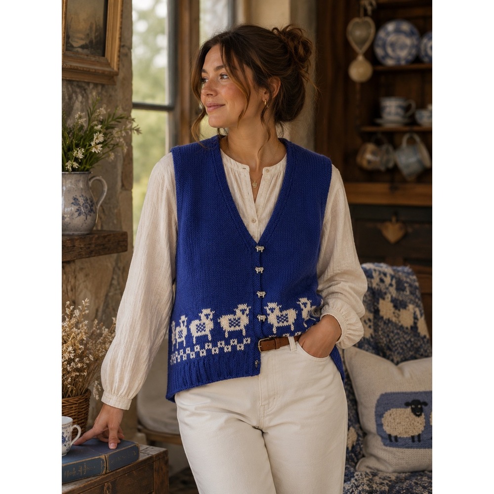 Handknit Sweater Vest Women XL Blue Sheep Metal Buttons Cottagecore Vintage